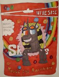 Size: 1155x1511 | Tagged: safe, artist:rapidsnap, oc, oc only, oc:nekky, changeling, candy, changeling oc, food, grin, heterochromia, skittles, smiling, solo, traditional art