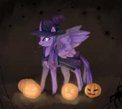Size: 999x890 | Tagged: safe, alternate version, artist:malinaartsdrawings, twilight sparkle, alicorn, pony, spider, g4, clothes, costume, female, halloween, hat, holiday, jack-o-lantern, mare, pumpkin, solo, twilight sparkle (alicorn), witch, witch hat