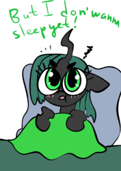 Size: 755x1069 | Tagged: safe, artist:tempestintheponyvile, queen chrysalis, changeling, changeling queen, g4, bed, blanket, blushing, cute, cutealis, dialogue, female, open mouth, pillow, quadrupedal, solo, younger