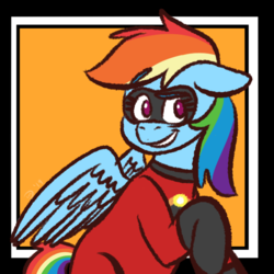 Size: 1280x1280 | Tagged: safe, artist:doodling-is-magic, rainbow dash, pegasus, pony, g4, clothes, cosplay, costume, crossover, dash parr, female, mare, no pupils, pun, smiling, solo, superhero costume, the incredibles