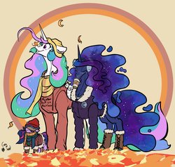 Size: 2567x2443 | Tagged: safe, artist:greyscaleart, princess celestia, princess luna, twilight sparkle, alicorn, pony, unicorn, the tiny apprentice, g4, autumn, boots, clothes, coffee, coffee cup, constellation freckles, covered eyes, cup, cute, cutelestia, earmuffs, ethereal mane, female, filly, filly twilight sparkle, folded wings, freckles, galaxy mane, hat, high res, horn, leaf, leaves, magic, mare, momlestia, overdressed, oversized clothes, scarf, shoes, smiling, smol, sparkly mane, star freckles, starry mane, starry tail, sweater, twilight sparkle is not amused, unamused, unicorn twilight, wings, wings down, winter coat, younger
