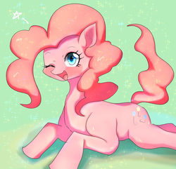 Size: 1038x1000 | Tagged: safe, artist:flyger, pinkie pie, earth pony, pony, g4, cute, diapinkes, ear fluff, female, green background, mare, one eye closed, open mouth, pixiv, prone, simple background, solo, stars, wink