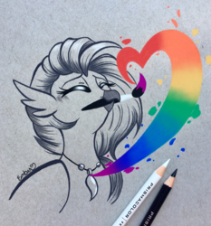 Size: 2831x3038 | Tagged: safe, artist:emberslament, silverstream, hippogriff, g4, beak, beak hold, blushing, colored pencil drawing, colored pencils, cute, diastreamies, eyes closed, female, happy, heart, high res, jewelry, mouth hold, necklace, paintbrush, painting, photo, solo, traditional art