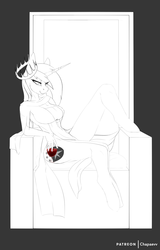 Size: 1600x2500 | Tagged: safe, artist:chapaevv, shining armor, unicorn, anthro, unguligrade anthro, g4, alcohol, breasts, busty gleaming shield, clothes, crown, female, glass, gleaming shield, jewelry, looking at you, monochrome, patreon, patreon logo, patreon reward, regalia, rule 63, solo, throne, wine
