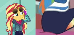 Size: 1595x768 | Tagged: safe, edit, edited screencap, screencap, rainbow dash, sunset shimmer, blizzard or bust, equestria girls, equestria girls series, g4, holidays unwrapped, spoiler:eqg series (season 2), clothes, eyes on the prize, glasses, implied lesbian, lifting glasses, looking at butt, rainbutt dash, socks, the ass was fat, thigh highs