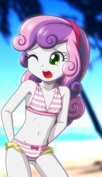 Size: 712x1234 | Tagged: safe, artist:uotapo, edit, sweetie belle, equestria girls, g4, belly button, bikini, clothes, cropped, cute, diasweetes, female, midriff, one eye closed, solo, striped bikini, striped swimsuit, swimsuit