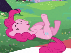 Size: 738x554 | Tagged: safe, screencap, pinkie pie, earth pony, pony, g4, lesson zero, season 2, animated, butt, cropped, cute, diapinkes, eyes closed, female, gif, hoofy-kicks, laughing, laughingmares.jpg, mare, on back, open mouth, plot, solo