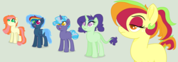 Size: 3815x1343 | Tagged: safe, artist:theredbeauty, oc, oc only, oc:apple blossom, oc:emerald spectacle, oc:golden spirit, oc:storm breaker, oc:sugar swirl, dracony, earth pony, hybrid, pegasus, pony, unicorn, base used, blank flank, colored pupils, female, interspecies offspring, next generation, offspring, parent:applejack, parent:big macintosh, parent:fluttershy, parent:pinkie pie, parent:pokey pierce, parent:rainbow dash, parent:rarity, parent:soarin', parent:spike, parents:fluttermac, parents:pokeypie, parents:soarindash, parents:sparity