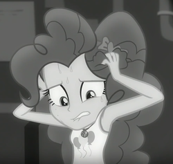 Size: 981x931 | Tagged: safe, screencap, pinkie pie, equestria girls, equestria girls series, g4, rarity investigates: the case of the bedazzled boot, armpits, black and white, clothes, cropped, female, geode of sugar bombs, grayscale, hands on head, lip bite, magical geodes, monochrome, nervous, noir, rarity investigates (eqg): pinkie pie, solo, stressed, sweat, tank top, teeth