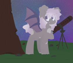 Size: 2800x2411 | Tagged: safe, artist:moonydusk, oc, oc only, oc:dianna, bat pony, pony, bat pony oc, female, high res, mare, night, solo, space, stars, telescope, tree