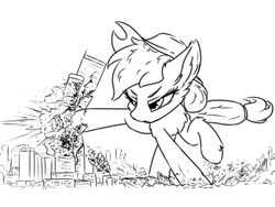 Size: 1600x1200 | Tagged: safe, artist:ravistdash, derpibooru exclusive, applejack, earth pony, pony, g4, city, destruction, female, giant pony, kicking, macro, monochrome, solo