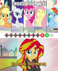 Size: 600x731 | Tagged: safe, edit, edited screencap, screencap, applejack, fluttershy, pinkie pie, rainbow dash, rarity, sunset shimmer, earth pony, human, pegasus, pony, unicorn, equestria girls, g4, sparkle's seven, button, caption, cheat code, choose your wife, controller, eyes closed, female, friendship throne, image macro, konami code, mare, teenager, text