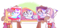 Size: 1144x543 | Tagged: safe, artist:raridashdoodles, rainbow dash, rarity, scootaloo, sweetie belle, pegasus, pony, unicorn, g4, brush, couch, easel, female, filly, glasses, lesbian, mare, paintbrush, painting, picture, ship:raridash, shipping, style emulation, sunglasses, sweetie belle is not amused, unamused