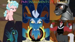 Size: 1280x720 | Tagged: safe, artist:dagames, edit, edited screencap, screencap, cozy glow, grogar, king sombra, lord tirek, queen chrysalis, centaur, changeling, changeling queen, goat, pegasus, pony, frenemies (episode), g4, the beginning of the end, bendy and the ink machine, female, filly, instruments of cyanide, link in source, male, needs more jpeg, pmv, ram, song, stallion, thumbnail, youtube link