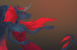 Size: 2100x1368 | Tagged: safe, artist:kitty_love, oc, oc only, oc:king phoenix embers, changeling, dracony, dragon, hybrid, pony, anthro, anthro oc, clothes, dress, red changeling, ych result