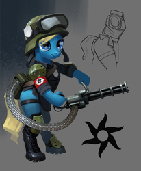 Size: 1922x2337 | Tagged: safe, earth pony, anthro, armband, armor, bdsm: big drunk satanic massacre, bipedal, blonde, boots, gray background, helmet, hoof hold, minigun, shoes, simple background, solo, video game, weapon