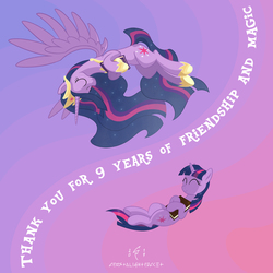 Size: 3000x3000 | Tagged: safe, artist:crystalightx, twilight sparkle, alicorn, pony, unicorn, friendship is magic, g4, season 9, the last problem, book, book of harmony, book of memories, crown, end of ponies, ethereal mane, eyes closed, female, happy birthday mlp:fim, high res, hoof shoes, jewelry, mare, mlp fim's ninth anniversary, older, older twilight, older twilight sparkle (alicorn), princess twilight 2.0, regalia, smiling, spread wings, starry mane, that pony sure does love books, twilight sparkle (alicorn), unicorn twilight, wings