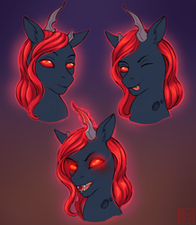 Size: 3056x3508 | Tagged: safe, artist:alexaneon, oc, oc only, oc:king phoenix embers, changeling, ;p, angry, bust, changeling oc, emotions, high res, one eye closed, portrait, red changeling, tongue out, ych result