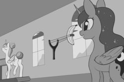 Size: 1844x1220 | Tagged: safe, artist:dusthiel, princess celestia, princess luna, alicorn, pony, g4, alternate hairstyle, banana, butt, duo, eyes on the prize, female, food, grayscale, hair bun, inktober, mare, monochrome, plot, prank, royal sisters, siblings, sisters, sling, slingshot, tail bun, this will end in pain, this will end in tears, this will end in tears and/or a journey to the moon, treadmill