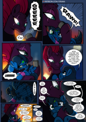 Size: 2481x3508 | Tagged: safe, artist:dsana, fizzlepop berrytwist, tempest shadow, oc, oc:lullaby dusk, pegasus, pony, unicorn, comic:a storm's lullaby, g4, bandage, broken horn, comic, cute, dsana is trying to murder us, heterochromia, high res, horn, lullabetes, mama tempest, playing, scar, weapons-grade cute
