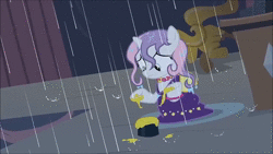 Size: 1280x720 | Tagged: safe, screencap, rarity, sweetie belle, cloud pony, pony, unicorn, for whom the sweetie belle toils, g4, animated, cloud, evil laugh, female, laughing, nightmare, rain, raricloud, sound, webm, wet, wet mane