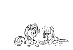 Size: 1264x868 | Tagged: safe, artist:kyssimmee, maud pie, starlight glimmer, earth pony, pony, unicorn, g4, female, lying down, mare, monochrome, prone, rock, smiling