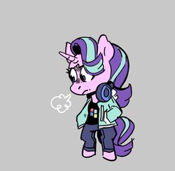 Size: 2048x1998 | Tagged: safe, artist:kyssimmee, starlight glimmer, pony, unicorn, semi-anthro, g4, breath, clothes, female, frown, gray background, headphones, hoodie, microsoft, microsoft windows, simple background, solo