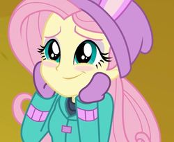 Size: 879x720 | Tagged: safe, screencap, fluttershy, equestria girls, equestria girls specials, g4, my little pony equestria girls: better together, my little pony equestria girls: holidays unwrapped, blushing, cap, clothes, cropped, cute, daaaaaaaaaaaw, female, gloves, hat, jacket, shyabetes, smiling