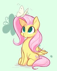 Size: 1636x2048 | Tagged: safe, artist:noupu, fluttershy, butterfly, pegasus, pony, cute, female, folded wings, green background, green eyes, looking at something, looking up, mare, no pupils, shyabetes, simple background, sitting, solo, three quarter view, wings