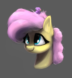 Size: 348x373 | Tagged: safe, artist:whiskeypanda, fluttershy, bird, pony, g4, alternate hairstyle, bust, female, low res image, mare, nest, nesting, practice drawing, simple background, sitting on head, small resolution, smiling, solo, three quarter view