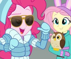 Size: 474x397 | Tagged: safe, screencap, chad (g4), fluttershy, pinkie pie, bird, human, owl, equestria girls, equestria girls specials, g4, my little pony equestria girls: better together, my little pony equestria girls: holidays unwrapped, aviator sunglasses, cap, clothes, cropped, female, gloves, hat, jacket, smiling, sunglasses