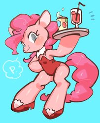 Size: 2368x2912 | Tagged: safe, artist:mosamosa_n, pinkie pie, earth pony, semi-anthro, g4, arm hooves, bipedal, blue background, cute, diapinkes, female, high res, simple background, solo, waitress