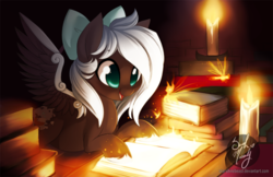 Size: 900x582 | Tagged: safe, artist:starshinebeast, oc, oc only, pegasus, pony, book, candle, solo