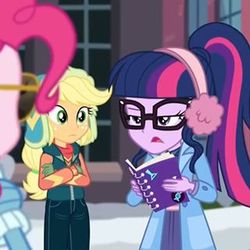 Size: 320x320 | Tagged: safe, screencap, applejack, pinkie pie, sci-twi, twilight sparkle, equestria girls, equestria girls specials, g4, my little pony equestria girls: better together, my little pony equestria girls: holidays unwrapped, canterlot high, clothes, cropped, earmuffs, female, glasses, gloves, jacket, sunglasses