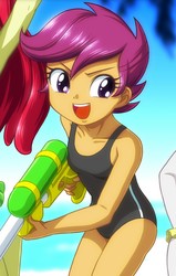 Size: 717x1128 | Tagged: safe, artist:uotapo, edit, apple bloom, scootaloo, equestria girls, g4, clothes, cropped, cute, cutealoo, one-piece swimsuit, solo focus, swimsuit, tomboy, watergun