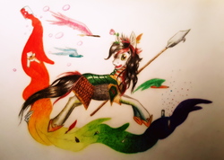 Size: 4020x2865 | Tagged: safe, artist:cahandariella, oc, oc only, pony, unicorn, armor, glaive, imagination, rainbow, solo, traditional art