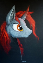 Size: 2988x4374 | Tagged: safe, artist:cahandariella, oc, oc only, oc:obsidian, pony, unicorn, fanfic:kruchość obsydianu, bust, colored horn, colored pencil drawing, curved horn, dark, dark background, fanfic art, female, horn, parent:king sombra, portrait, solo, sombra horn, traditional art