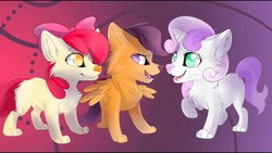 Size: 1280x720 | Tagged: artist needed, source needed, safe, apple bloom, scootaloo, sweetie belle, dog, g4, cutie mark crusaders, dogified, female, filly, horn, puppy bloom, smiling, species swap, winged dog, wings