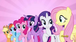 Size: 1280x720 | Tagged: safe, screencap, applejack, fluttershy, pinkie pie, rainbow dash, rarity, twilight sparkle, alicorn, pony, unicorn, fame and misfortune, g4, channel, discovery family, discovery family logo, female, flawless, mane six, smiling, song, twilight sparkle (alicorn)