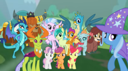 Size: 3964x2200 | Tagged: safe, artist:alvaxerox, apple bloom, gallus, ocellus, prince rutherford, princess ember, sandbar, scootaloo, silverstream, smolder, sweetie belle, thorax, trixie, yona, changedling, changeling, classical hippogriff, dragon, earth pony, griffon, hippogriff, pegasus, pony, unicorn, yak, g4, bow, cape, clothes, cloven hooves, cute, cutie mark crusaders, diaocelles, diastreamies, dragoness, female, filly, gallabetes, hair bow, hat, high res, jewelry, king thorax, looking at you, male, monkey swings, necklace, sandabetes, smolderbetes, student six, teenager, trio, yonadorable