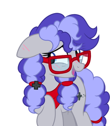 Size: 2041x2325 | Tagged: safe, artist:mint-light, artist:rioshi, artist:starshade, oc, oc only, oc:cinnabyte, earth pony, pony, bandana, blushing, ear blush, female, glasses, high res, mare, pigtails, simple background, solo, white background