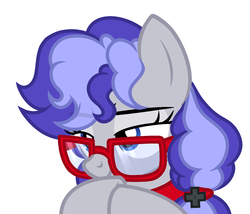 Size: 1493x1276 | Tagged: safe, artist:rioshi, artist:starshade, oc, oc only, oc:cinnabyte, earth pony, pony, bandana, female, glasses, mare, pigtails, simple background, solo, white background