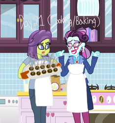 Size: 1500x1601 | Tagged: safe, artist:ktd1993, principal abacus cinch, victoria, equestria girls, g4, 21, 30 day otp challenge, apron, baking, burnt, cinchtoria, clothes, cookie, duo, female, food, lesbian