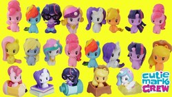Size: 1280x720 | Tagged: safe, applejack, derpy hooves, fluttershy, pinkie pie, princess cadance, princess celestia, rainbow dash, rarity, sci-twi, twilight sparkle, alicorn, unicorn, equestria girls, g4, cutie mark crew, doll, female, irl, photo, simple background, toy, twilight sparkle (alicorn)