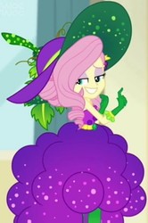 Size: 392x589 | Tagged: safe, screencap, fluttershy, equestria girls, equestria girls specials, g4, my little pony equestria girls: better together, my little pony equestria girls: holidays unwrapped, o come all ye squashful, bare shoulders, belt, clothes, cornucopia costumes, costume, cropped, cute, dress, female, food, geode of fauna, gloves, grapes, grin, hat, huggable, leaf, leggings, lidded eyes, magical geodes, sleeveless, smiling, vine
