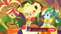 Size: 1280x720 | Tagged: safe, screencap, applejack, rainbow dash, sunset shimmer, equestria girls, equestria girls specials, g4, my little pony equestria girls: better together, my little pony equestria girls: holidays unwrapped, o come all ye squashful, channel, clothes, cornucopia costumes, discovery family, discovery family logo, dress, female, fruit, hairstyle