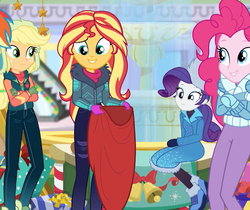 Size: 1138x954 | Tagged: safe, screencap, applejack, pinkie pie, rarity, sunset shimmer, equestria girls, equestria girls specials, g4, my little pony equestria girls: better together, my little pony equestria girls: holidays unwrapped, bag, cap, christmas, clothes, cropped, female, gloves, hat, holiday, jacket, smiling