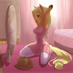 Size: 1200x1200 | Tagged: safe, artist:taurika, applejack, earth pony, anthro, unguligrade anthro, g4, applejack's hat, armpits, bed, bedroom, breasts, brushing mane, busty applejack, clothes, cowboy hat, female, hair tie, hat, lidded eyes, mare, mirror, mouth hold, socks, solo, thigh highs