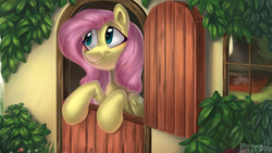 Size: 1920x1080 | Tagged: safe, artist:enderselyatdark, fluttershy, pegasus, pony, g4, blue eyes, bust, cute, door, female, fluttershy's cottage, folded wings, looking away, looking up, mare, pink hair, scenery, shyabetes, smiling, solo, three quarter view, wings