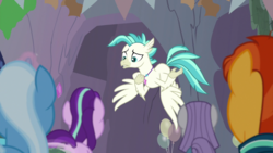 Size: 1920x1080 | Tagged: safe, screencap, maud pie, starlight glimmer, sunburst, terramar, trixie, classical hippogriff, earth pony, hippogriff, pony, unicorn, g4, student counsel, female, flying, male, mare, maud's cave, stallion